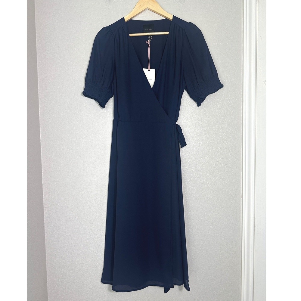 Alex Marie Ashlyn Wrap Dress  Womens 10 Navy Blue Smocked‎ Sleeve Classic NWT